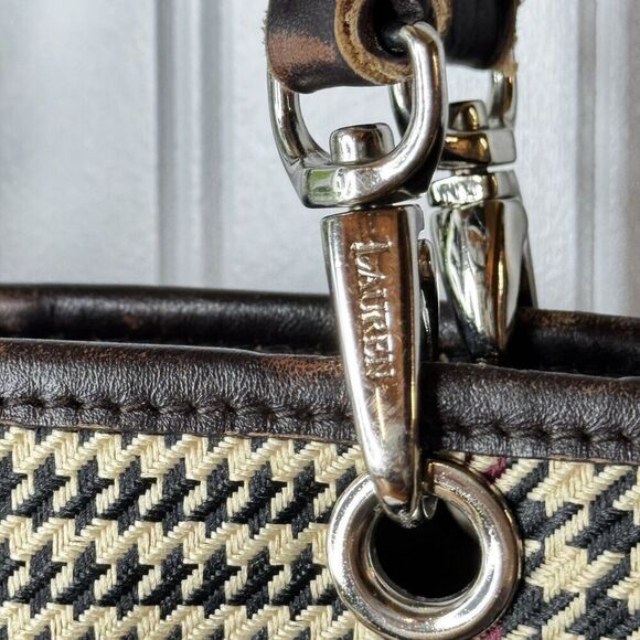 Vintage Ralph Lauren Houndstooth Tan Brown Leather Tote Shoulder Bag RLL Y2K - Picture 3 of 16